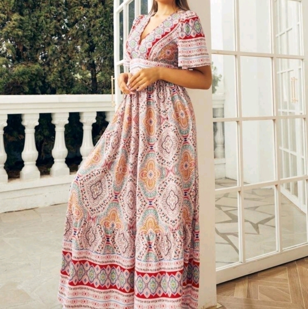 Multicolor Boho Floral and Tribal Print, Ruffle Hem,  v neck,  a line, M… - Picture 6 of 9